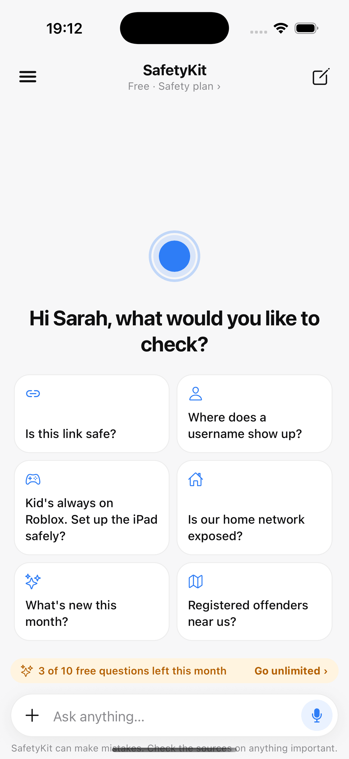 SafetyKit chat: ask about a link, username or screenshot