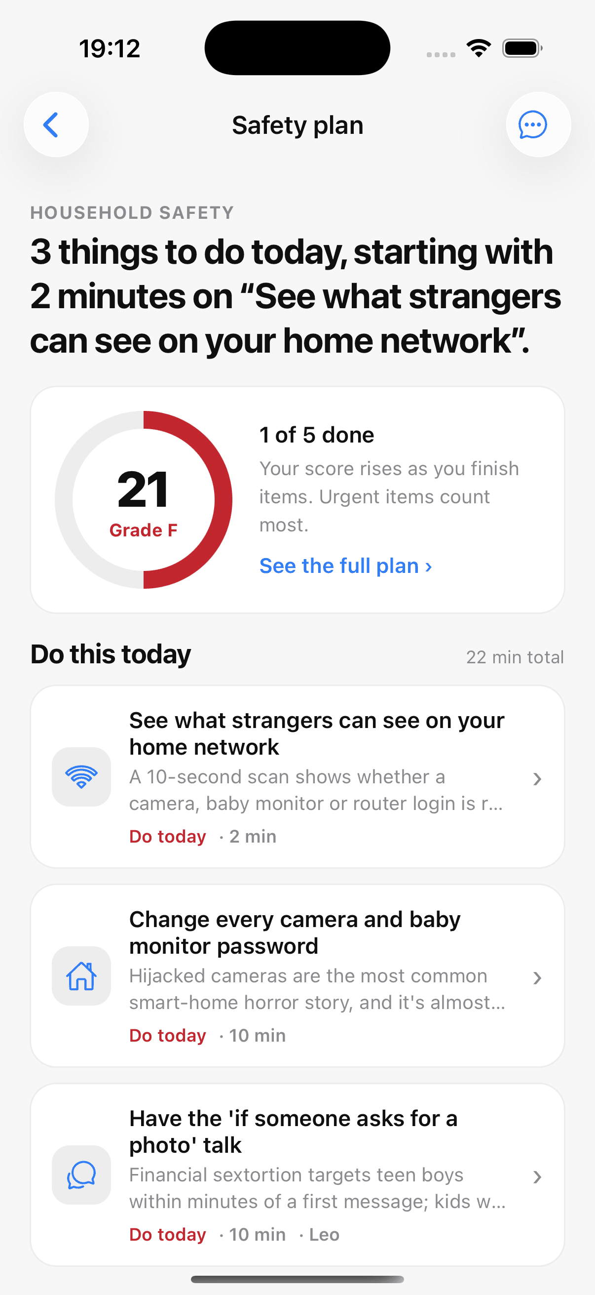 SafetyKit safety plan with household score and do-this-today list